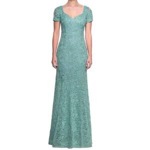 La Femme Formal Gown Beaded Lace Short-sleeved Mermaid Prom Dress 2